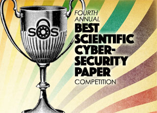 SOS 4th Annual Best Scientific Cybersecurity Paper Competition flyer with silver award cup illustration