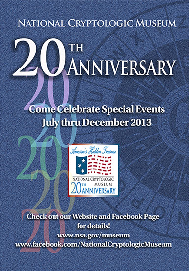 Image of the National Cryptologic Museum's 20th Anniversary Celebration poster with artwork containing the number 20 and partial display of cypher wheel