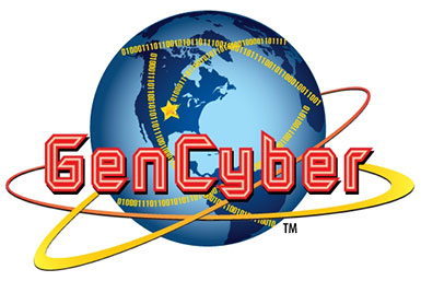 GenCyber Logo  featuring Earth with binary code and rings wrapping around it  leading to a star in the middle of the United States of America and the words GenCyber in the foreground