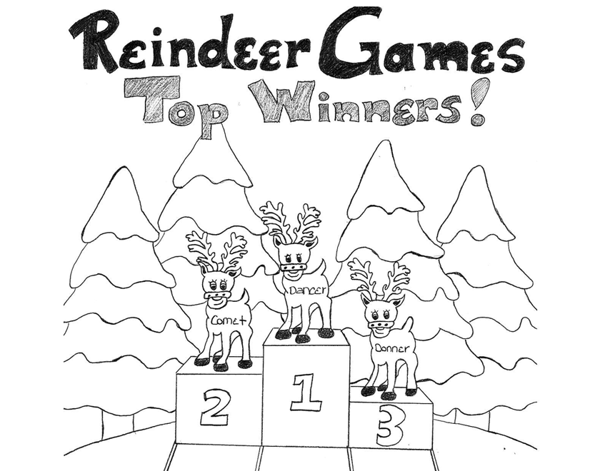 Pencil drawing of top 3 reindeer on winner's podium, with Dancer in 1st place, Comet in 2nd place, and Donner in 3rd place.