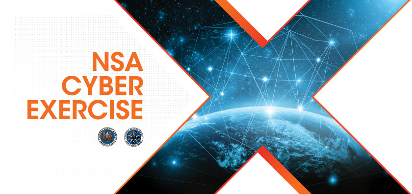 NSA Cyber Exercise - Title and Logo with artistic rendering of earth from space with a glowing web above it